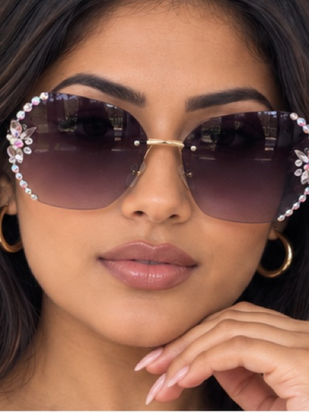 Rhinestone Flower Rimless Sunglasses